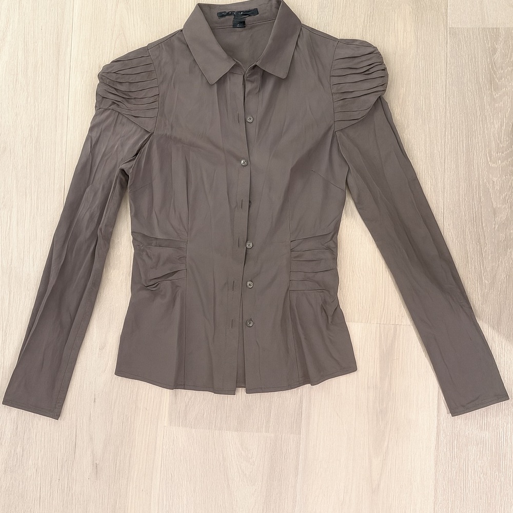 Women’s Taupe Button-Up Blouse with Puff Sleeves & Buttoned Cuffs – Size 32